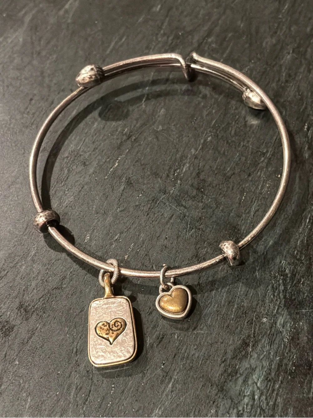 Brighton Two-Tone Heart Charm “Mom” Bangle Bracelet